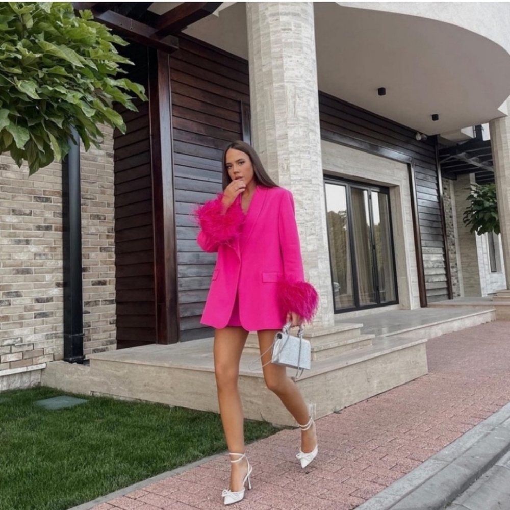 Zara Straight Cut  Pink Feather Blazer NWT Size L - Picture 10 of 14